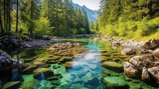 En medio de un valle impresionante, un río cristalino se abre paso con suaves curvas creando una vista cautivadora El agua transparente Generado por IA