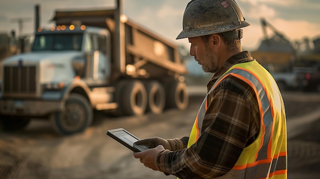 En medio de una zona de construcción un trabajador de la construcción concentrado está de pie con una tableta en la mano