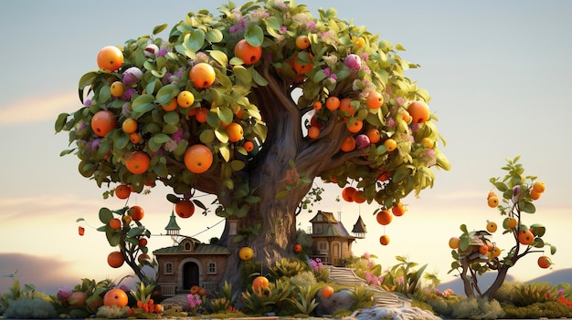 Medios de árboles frutales explorados por un personaje 3D