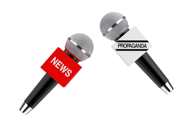 Medios gratuitos contra la desinformación y el concepto de propaganda Micrófono con signo de noticias Contra micrófono con signo de propaganda sobre un fondo blanco Representación 3d