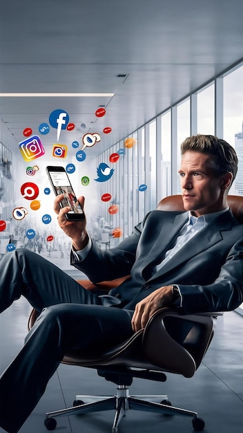 Medios sociales y concepto de marketing con un hombre de negocios con un teléfono inteligente