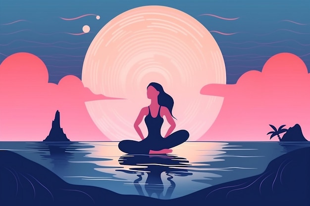 Meditação mulher ioga oceano costas meditando relaxamento pessoa lótus exercício mar Generative AI