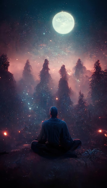 Meditação noturna de um homem em uma floresta de neblina mágica em um modelo de pôster de lua cheia
