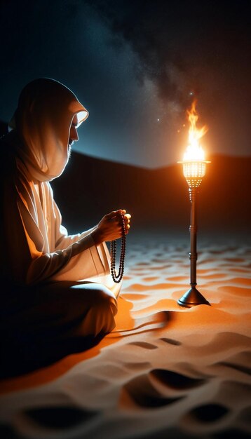 Meditação noturna no deserto com luz de tocha e contas de oração