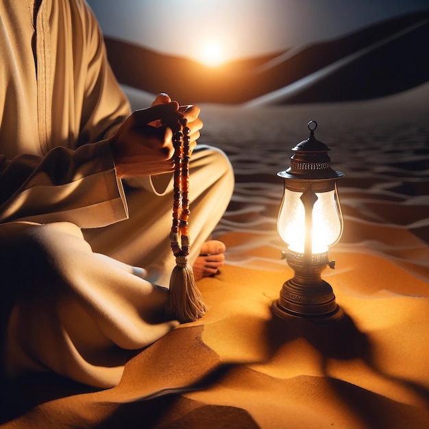 Meditação noturna no deserto com luz de tocha e contas de oração