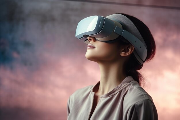 meditação VR e fitness com uma mulher usando um fone de ouvido para acessar o metaverso em sua casa para saúde Realidade virtual ioga e exercício IA generativa