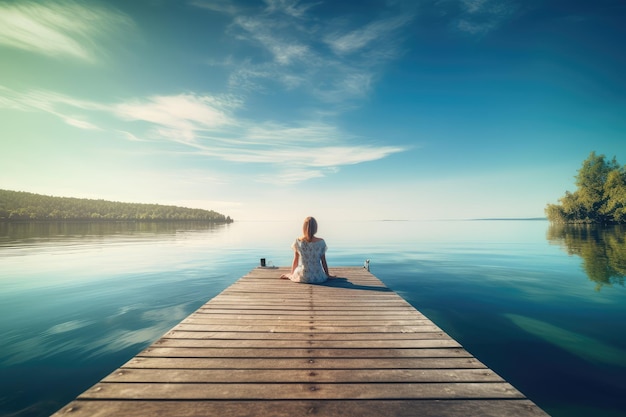 Foto meditación calmada por la mañana junto al lago mujer joven al aire libre