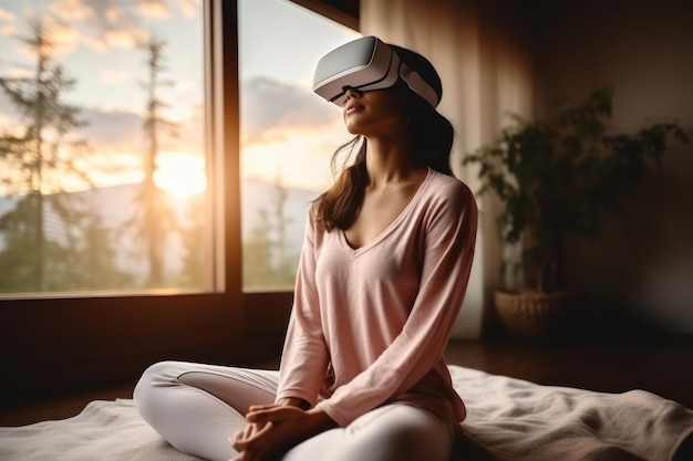 Meditación y fitness en realidad virtual con una mujer que usa un auricular para acceder al metaverso en su casa para la salud Realidad virtual yoga y ejercicio IA generativa