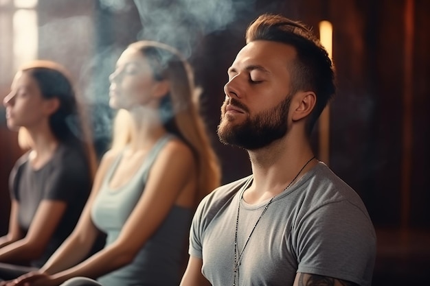 Foto meditación grupal en el estudio de yoga ejercicios de respiración hombres y mujeres meditando y respirando con los ojos cerrados concepto de respiración ai generativa