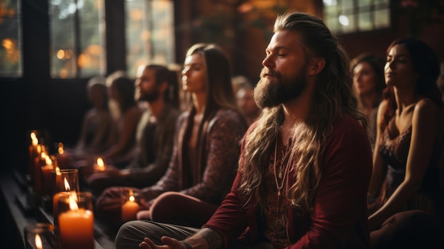 Meditación en grupo en el estudio de yoga ejercicio de respiración hombres y mujeres meditando y respirando