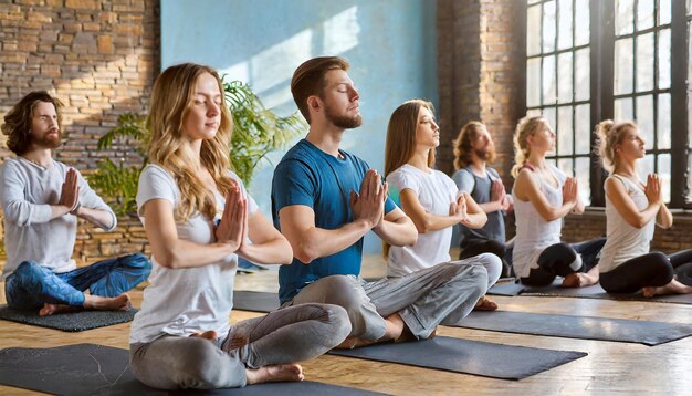 Foto meditación en grupo en el estudio de yoga hombres y mujeres practicando ejercicios de respiración concepto de trabajo de respiración