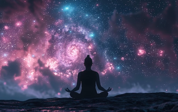 Meditación en el Infinito Cósmico Una silueta de una persona en una postura meditativa con el vasto cosmos