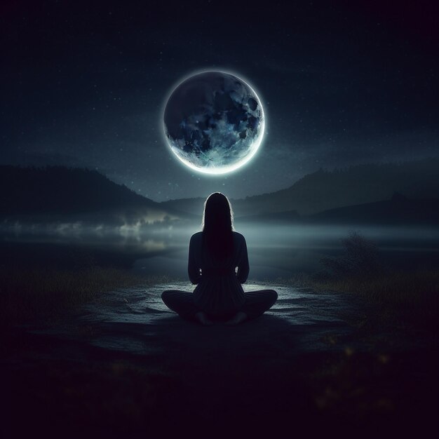 Meditación Inhale la calma de una noche de luna iluminada sintiendo el suave resplandor iluminando