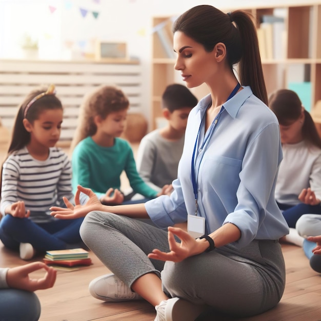 Foto meditación del maestro con los estudiantes en el aula