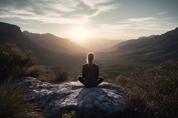 Meditación en la montaña Una mujer haciendo yoga en la cima de una montaña con un hermoso paisaje de fondo Ai generativo