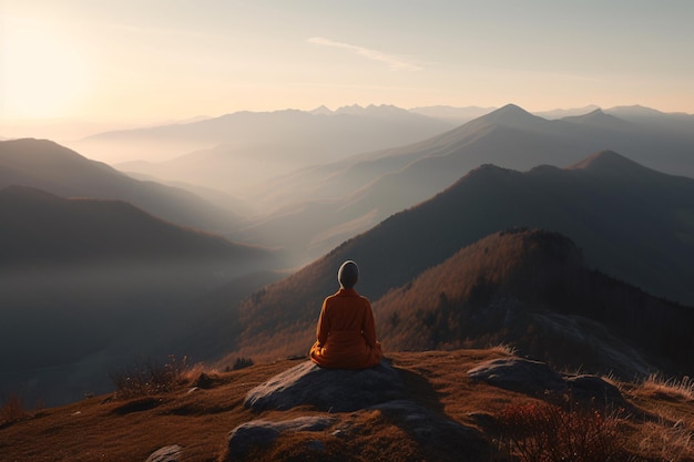 Meditación en la montaña Una mujer haciendo yoga en la cima de una montaña con un hermoso paisaje de fondo Ai generativo