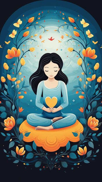 Meditación de una mujer en posición de loto con elementos florales en el espacio exterior Ilustración vectorial