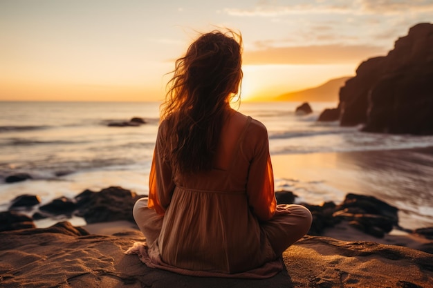 Meditación mujer salud mental orilla del mar