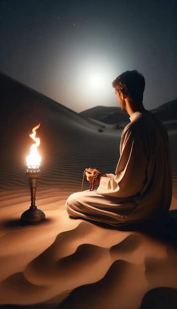 Meditación nocturna en el desierto con antorchas y cuentas de oración
