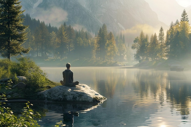 Meditación pacífica por un sereno lago de octano
