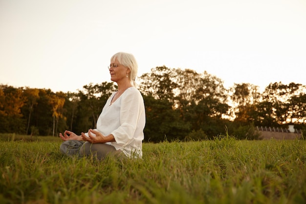 Meditación en los prados Disparo de una atractiva mujer madura meditando al aire libre al atardecer