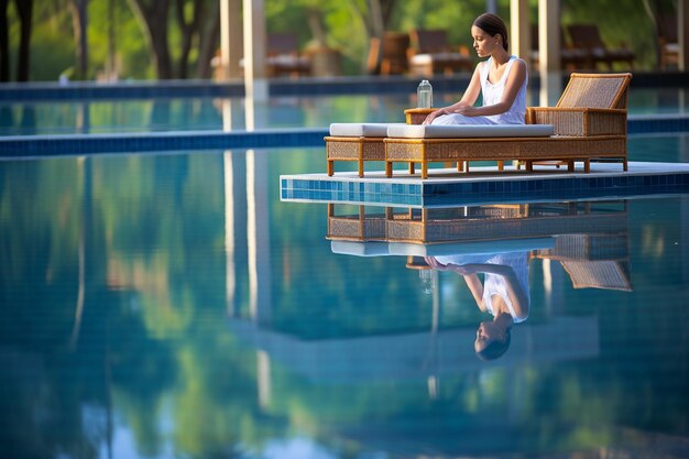 Foto una meditación reflexiva junto a la piscina