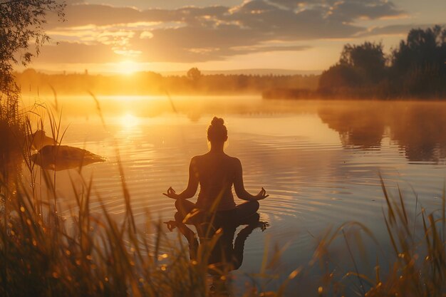 Meditación serena al amanecer Reflexión del lago tranquilo