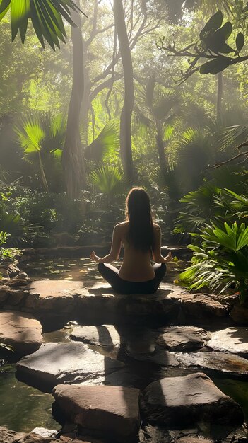 Meditación serena en un bosque exuberante