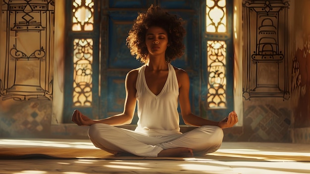 Meditación tranquila de la mañana Mujer en posición de loto con la luz del sol proyectando sombras serenas