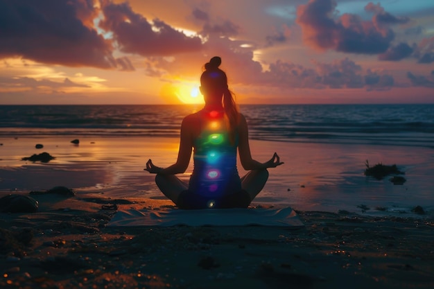 Meditación de yoga al aire libre con alineación de chakras al atardecer en la playa