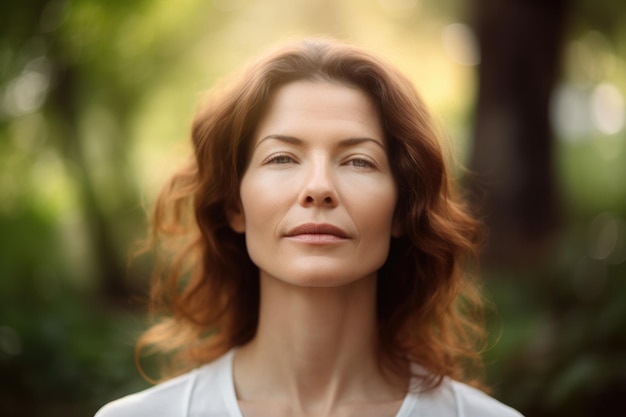 Meditación de yoga y rostro de mujer en el parque para equilibrar la paz o el bienestar creado con ai generativo