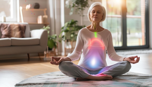 Foto meditando mujer madura con aura colorida en casa