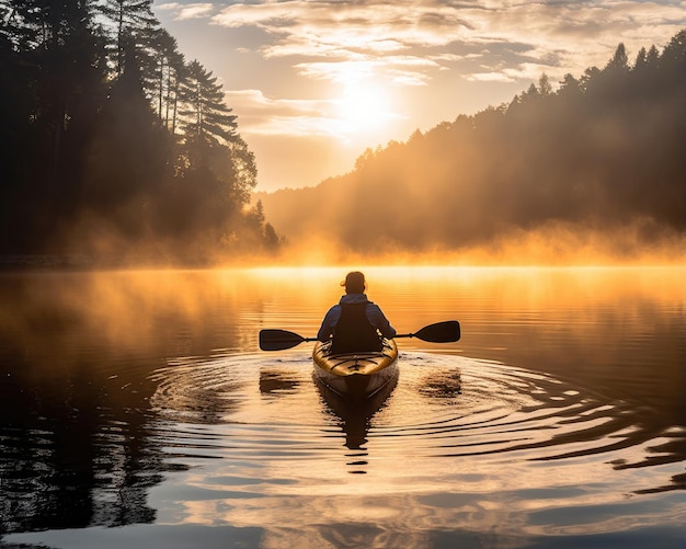 Meditation, Bootfahren, Kajak, Wasser, Stille, Freiheit, Landschaft, friedlicher Morgen, Rudern, isoliertes Foto