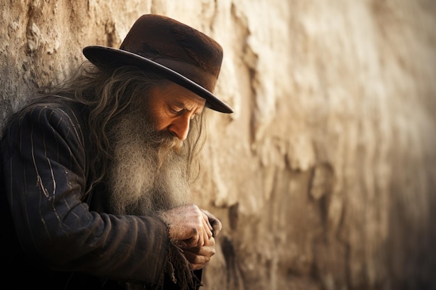 Foto meditation eines jüdisch-orthodoxen mannes, alter jude, betet in der nähe einer steinmauer, generative ki. porträt einer bärtigen israelischen person im freien. konzept des rabbi-religionsgebets, judentum und gott