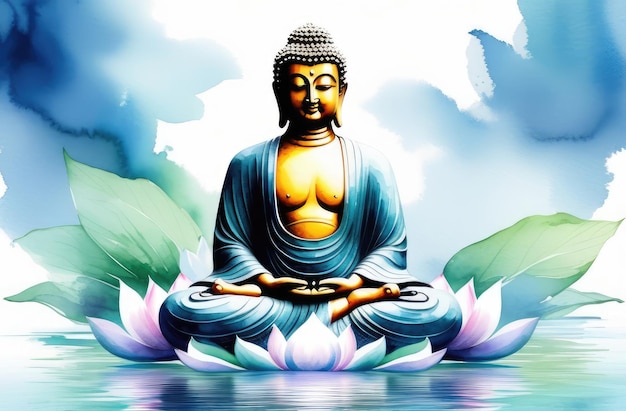 Meditation Spiritualität und Bewusstsein Aquarell Illustration von Buddha-Statue in Lotus-Pose