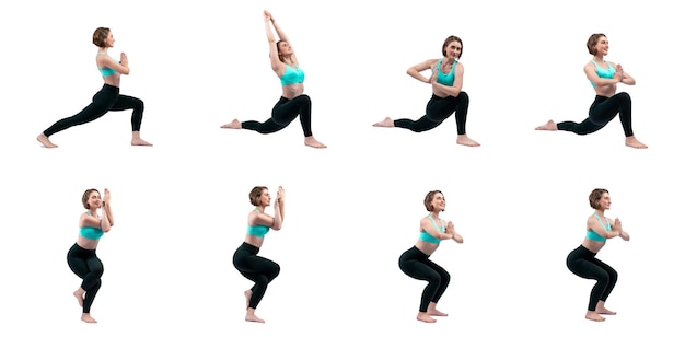 Meditations-Yoga-Übung auf isolierter Hintergrund in fröhlicher, Körperlänge-Aufnahme