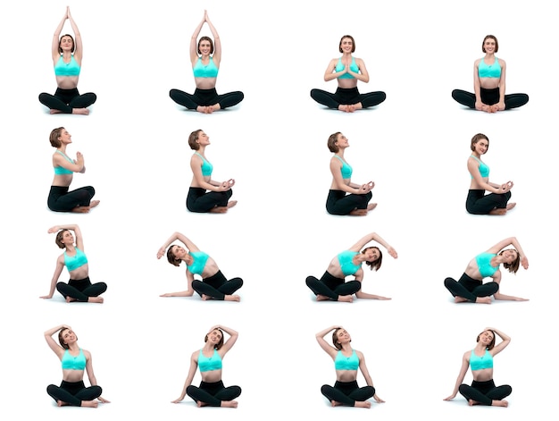 Meditations-Yoga-Übung auf isolierter Hintergrund in fröhlicher, Körperlänge-Aufnahme