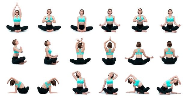Meditations-Yoga-Übung auf isolierter Hintergrund in fröhlicher, Körperlänge-Aufnahme