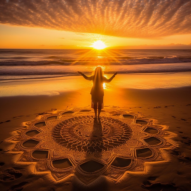 Foto meditationsfrau, die an einem mandala-strand steht