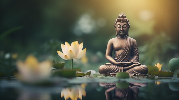 Meditative Buddha-Statue umgeben von blühenden Lotusblumen im ruhigen Wasser des Teiches