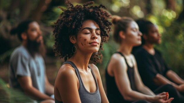 Meditative Gruppe von Studenten von restorativem Yoga, die Achtsamkeit praktizieren Generative KI