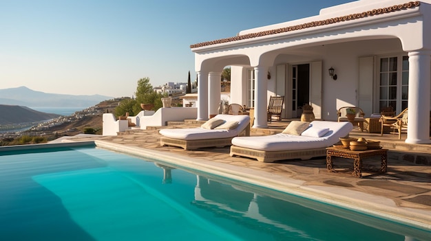 Mediterrane, traumhafte weiße Villa mit Pool auf einem Hügel, atemberaubende Aussicht, generative KI