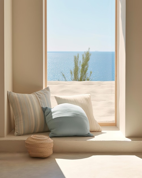 mediterraner Innenarchitektur-Komposition mit Kissen Minimalistisches Konzept