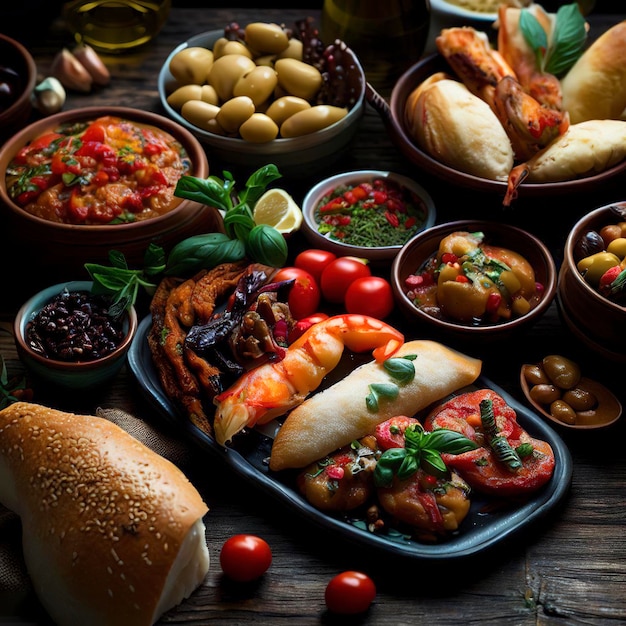 mediterranes Essen auf einem dunklen hölzernen rustikalen Hintergrund