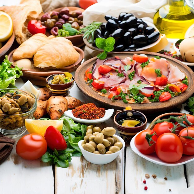 mediterranes Essen auf einem weißen hölzernen rustikalen Hintergrund