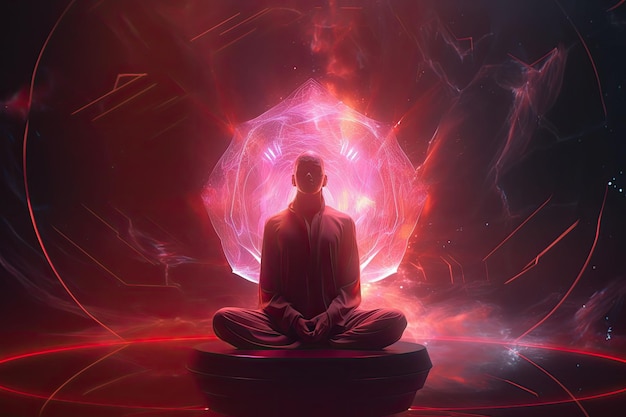 Meditierender Mann auf rotem Hintergrund Konzept der spirituellen Praxis Chakren und Astralkörper Generative KI