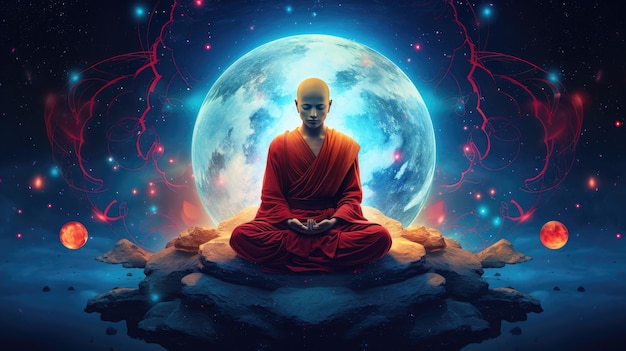 Meditierender Mönch inmitten einer kosmischen Symphonie Ein atemberaubender YouTube-Kanalcover in 2560x1440px