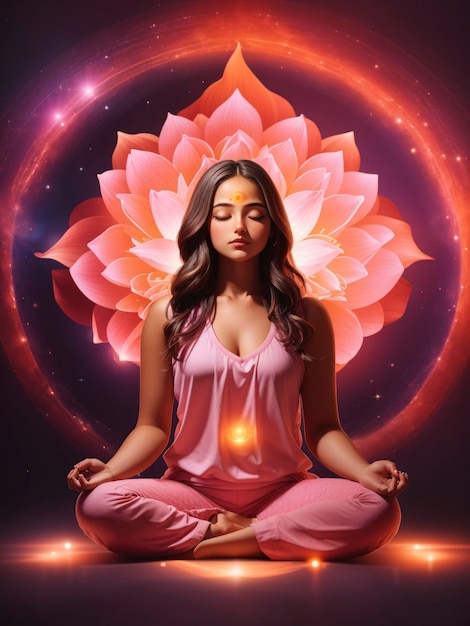 Meditierendes Mädchen mit Lotus-Gelassenheit und Universum, das das dritte Auge erleuchtet