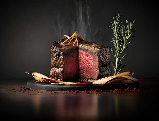 Medium Rare Steak Food Fotografie Saftiges Rindfleisch mit perfekten Anbraten, erstellt mit generativer KI