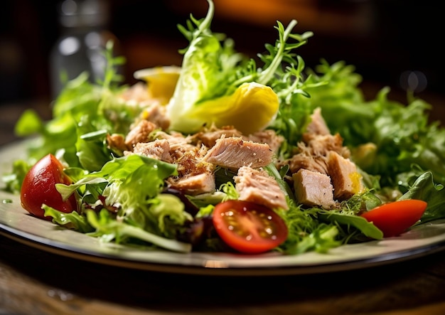 Medium Rare Thunfisch mit Salat und scharfer Soße. Restaurantmenü. Verschiedene Gerichte auf der generativen KI